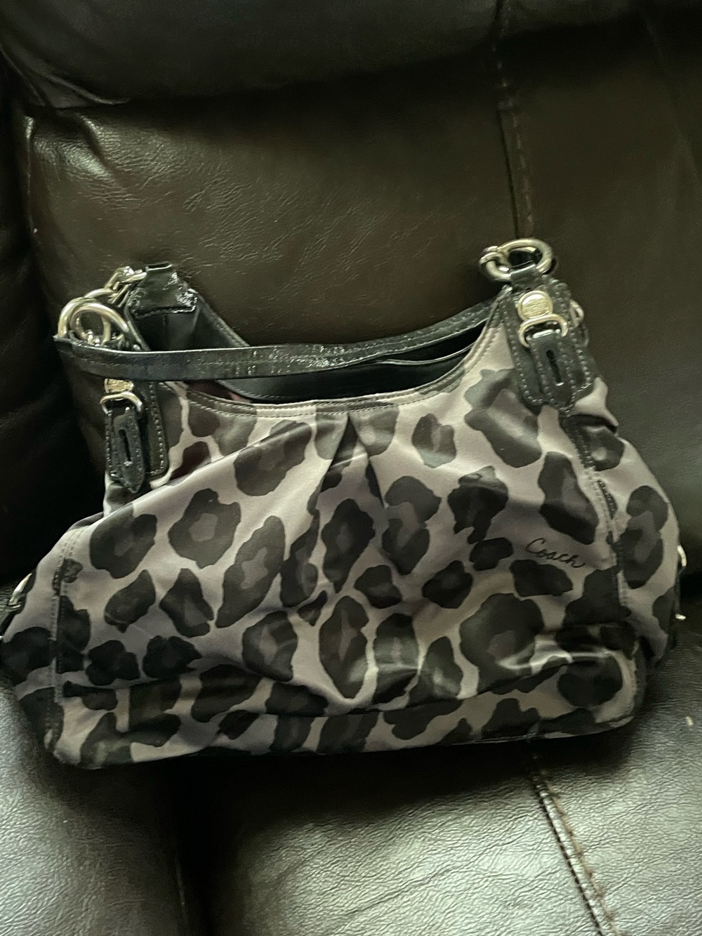 Coach Gray and Black Leopard-Print Shoulder Bag